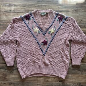 Vintage Chunky Knit Sweater Floral Embroidery Pink Large Grannycore Cottagecore